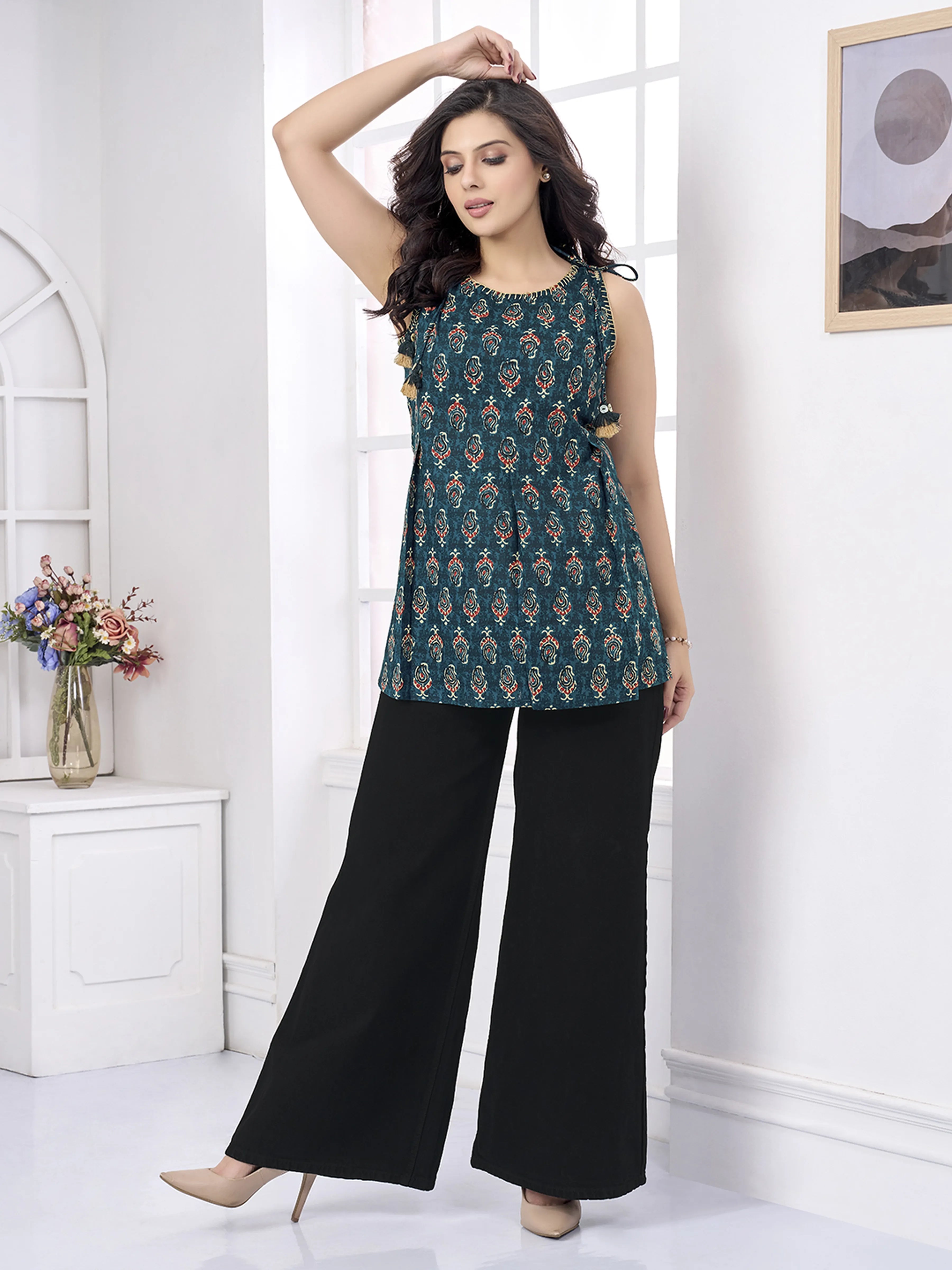 Blue Paisley Print Cotton Cambric Short Kurti