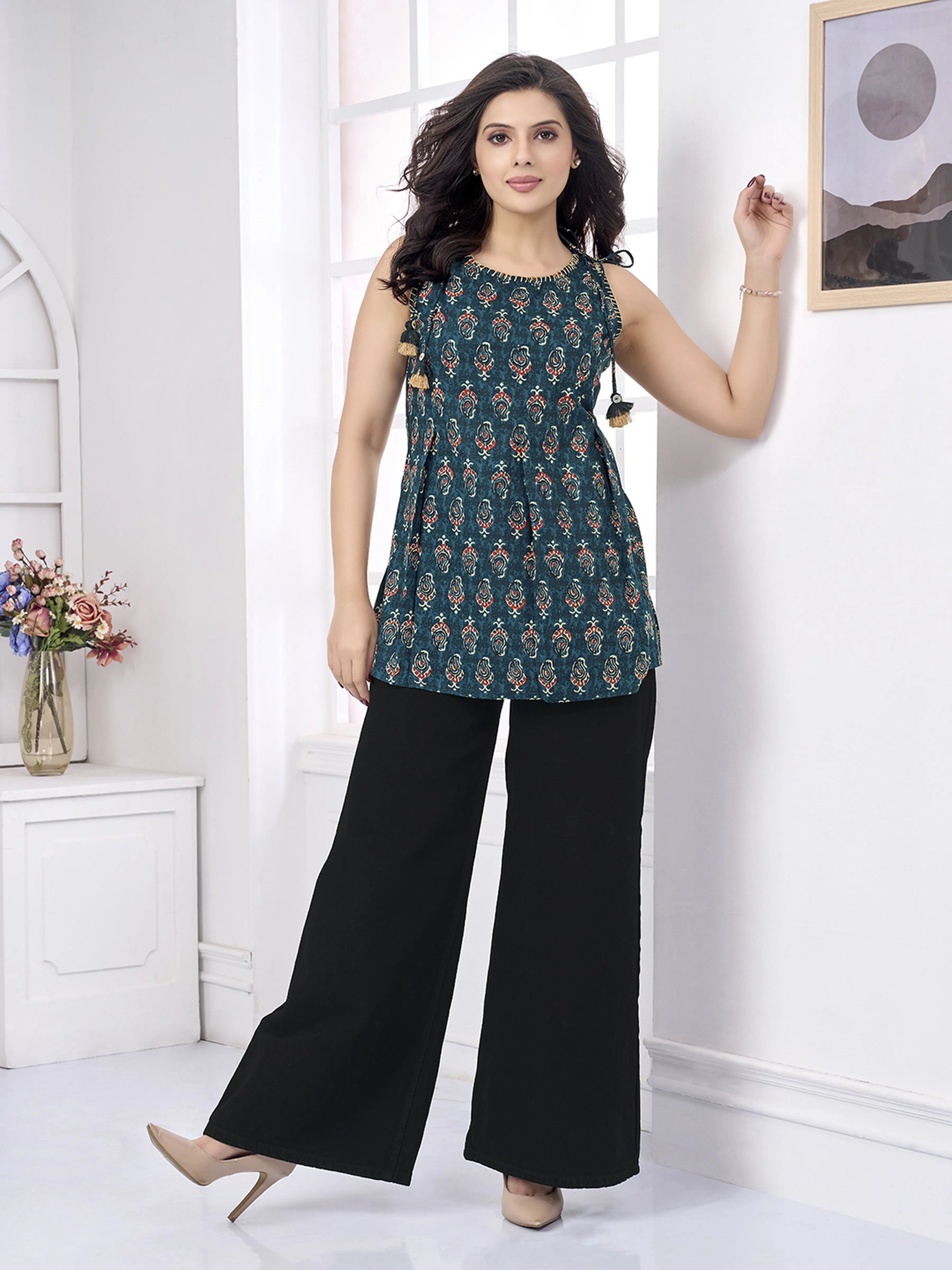 Blue Paisley Print Cotton Cambric Short Kurti