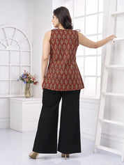 Red Sleeveless Printed Short Kurti in Cotton Cambric