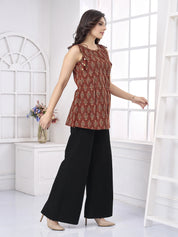 Red Sleeveless Printed Short Kurti in Cotton Cambric