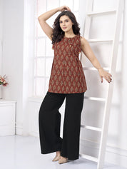 Red Sleeveless Printed Short Kurti in Cotton Cambric