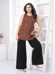 Red Sleeveless Printed Short Kurti in Cotton Cambric