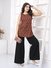 Red Sleeveless Printed Short Kurti in Cotton Cambric