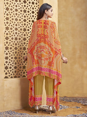 Orange & Green Asymmetric Cut Abstract Printed Co-ord Set in Crepe