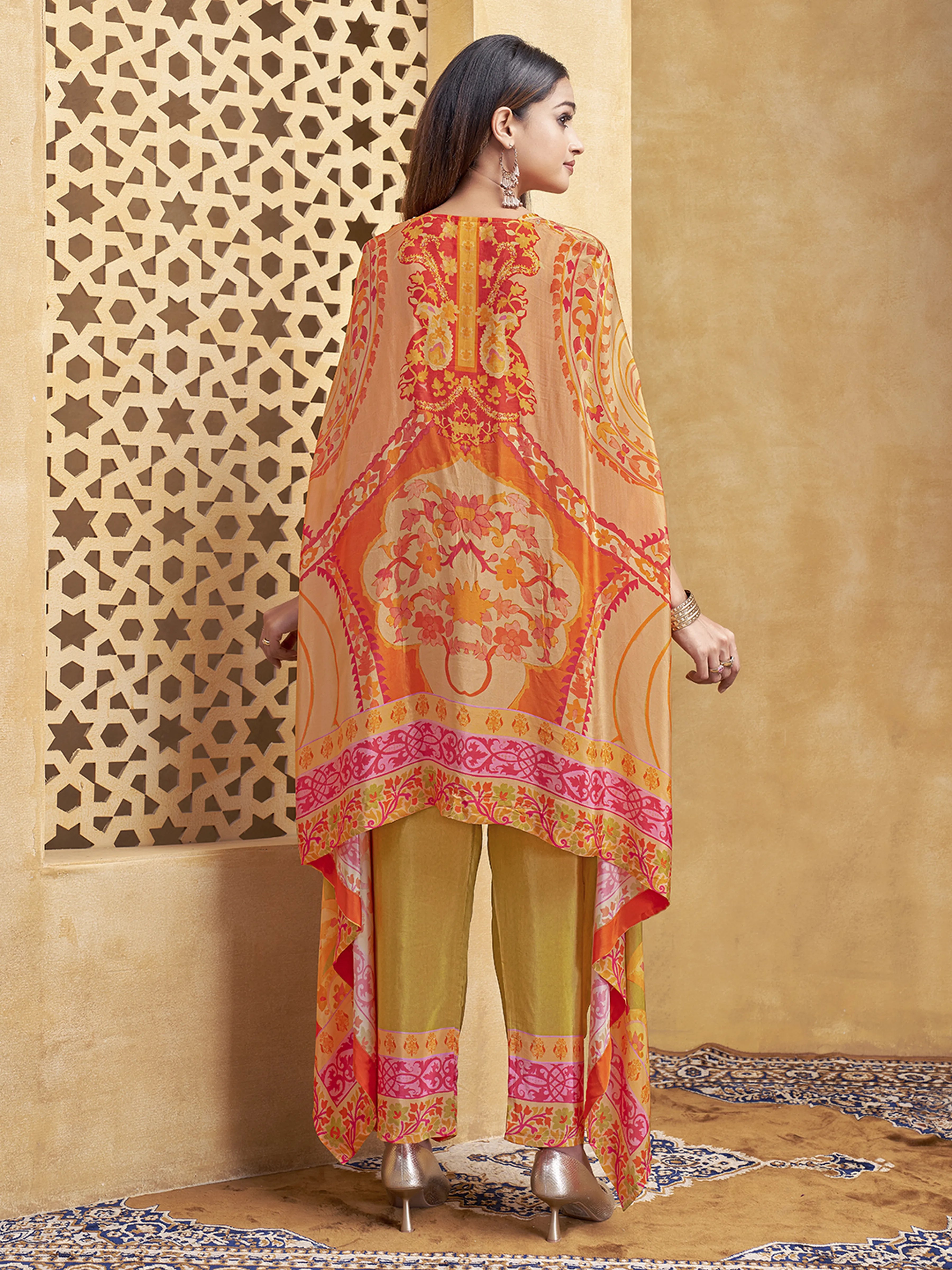 Orange & Green Asymmetric Cut Abstract Printed Co-ord Set in Crepe