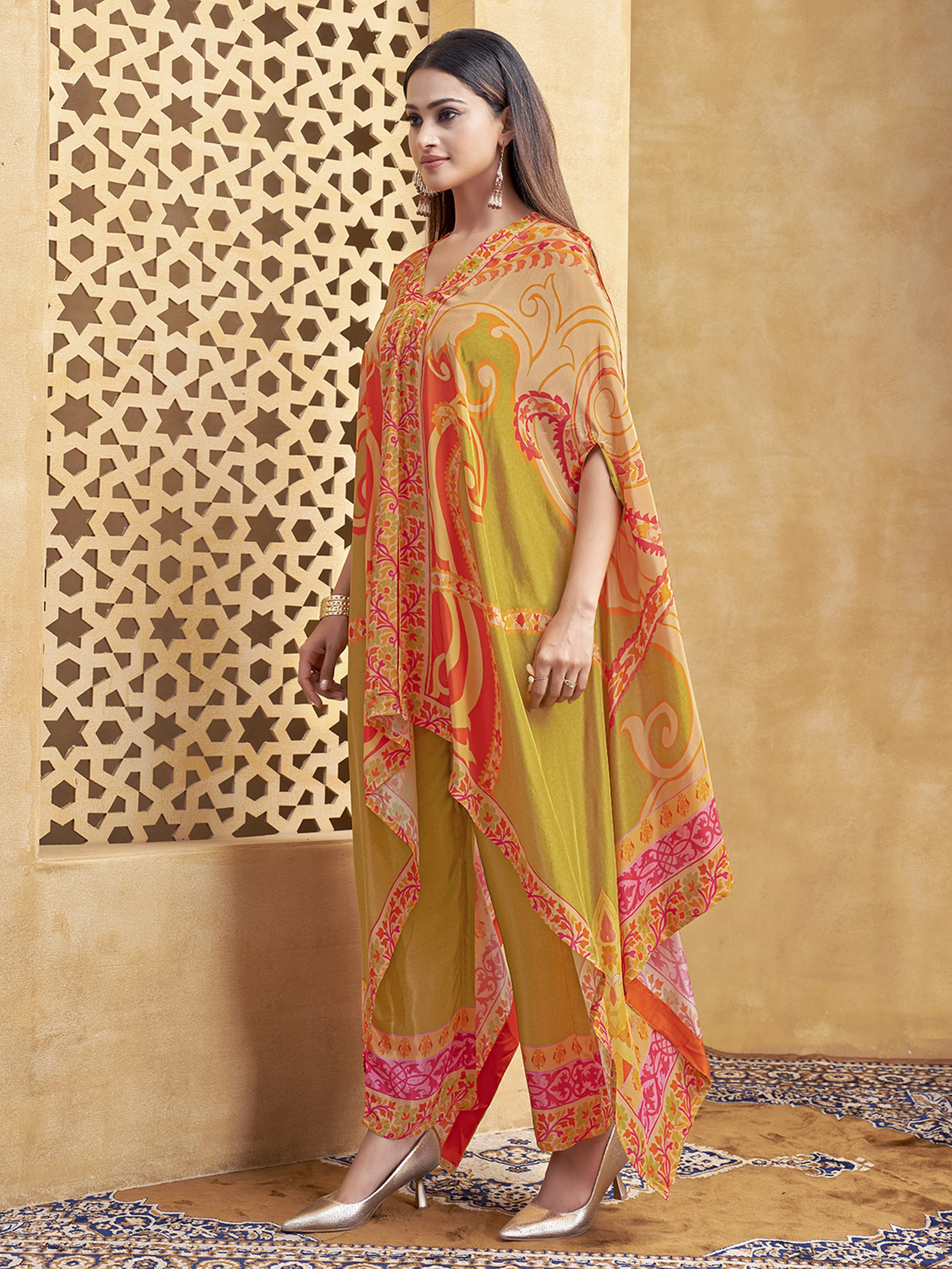 Orange & Green Asymmetric Cut Abstract Printed Co-ord Set in Crepe