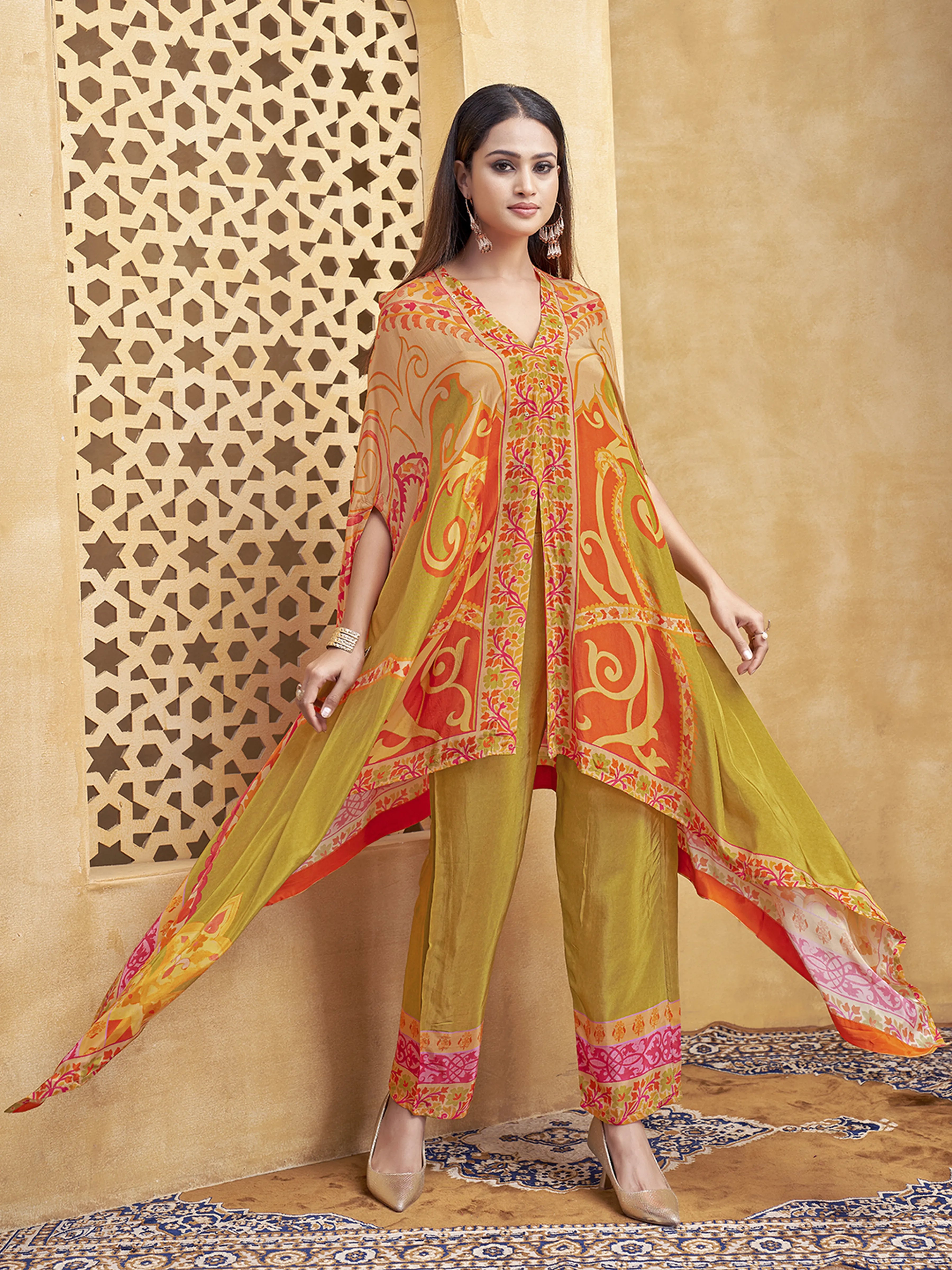 Orange & Green Asymmetric Cut Abstract Printed Co-ord Set in Crepe