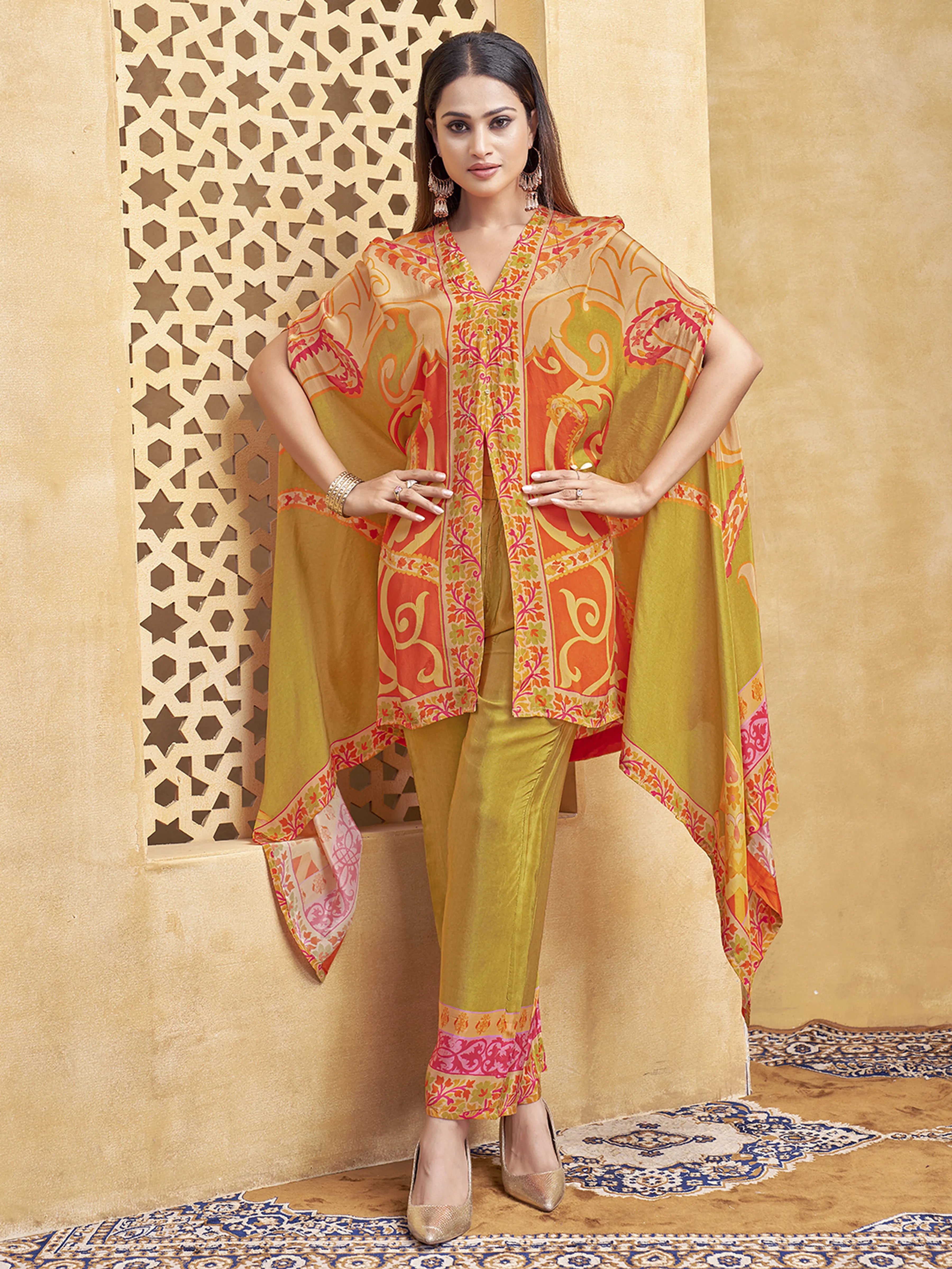 Orange & Green Asymmetric Cut Abstract Printed Co-ord Set in Crepe