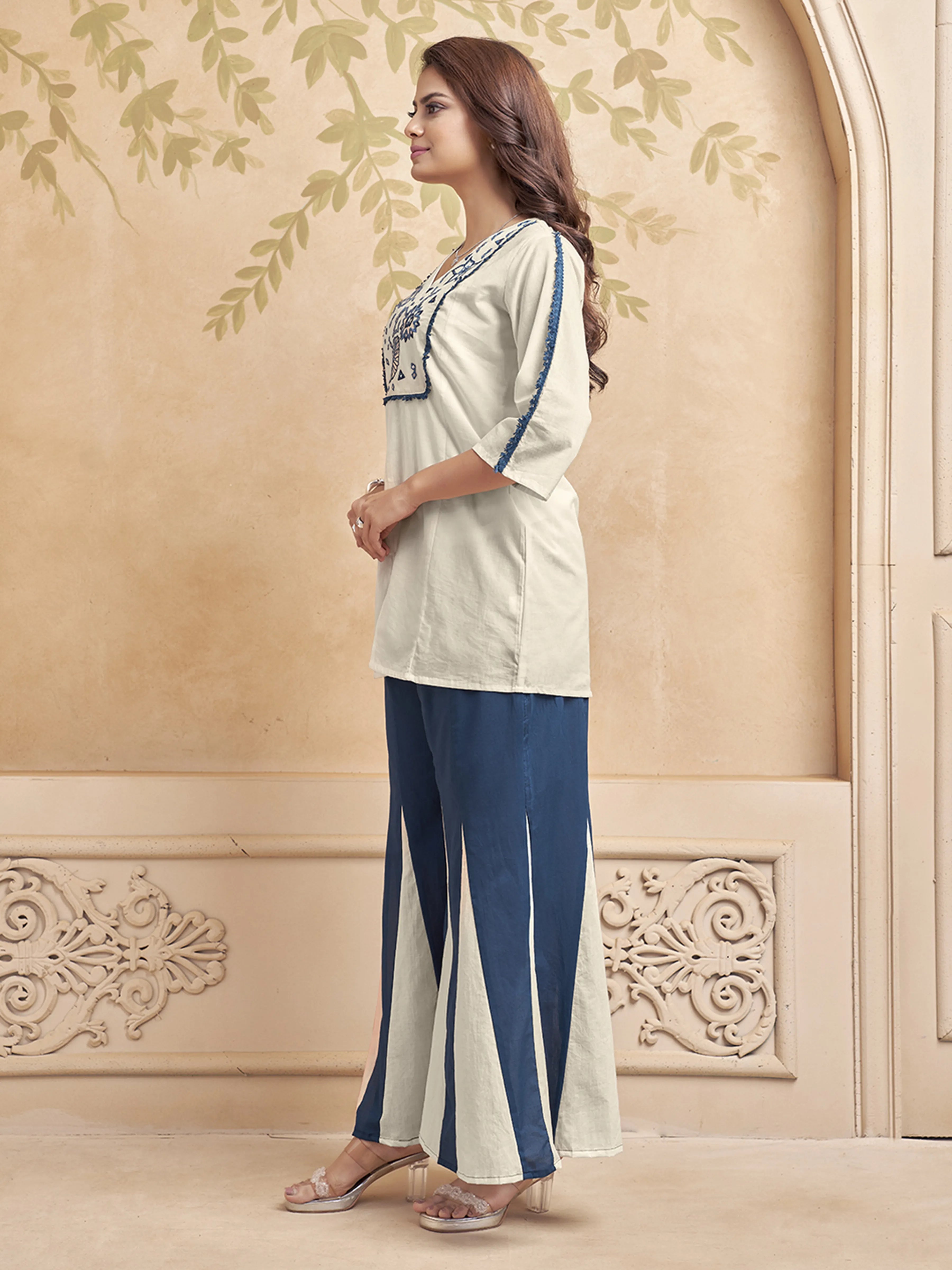 Classic White Base Embroidered Kurta & Dual-Tone Flared Pant Co-ord Set in Cotton