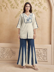 Classic White Base Embroidered Kurta & Dual-Tone Flared Pant Co-ord Set in Cotton