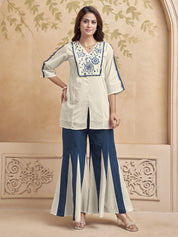 Classic White Base Embroidered Kurta & Dual-Tone Flared Pant Co-ord Set in Cotton