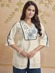 Classic White Base Embroidered Kurta & Dual-Tone Flared Pant Co-ord Set in Cotton