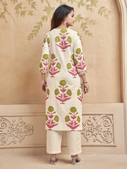 Natural Beige Block Printed Kurta Set in Cotton