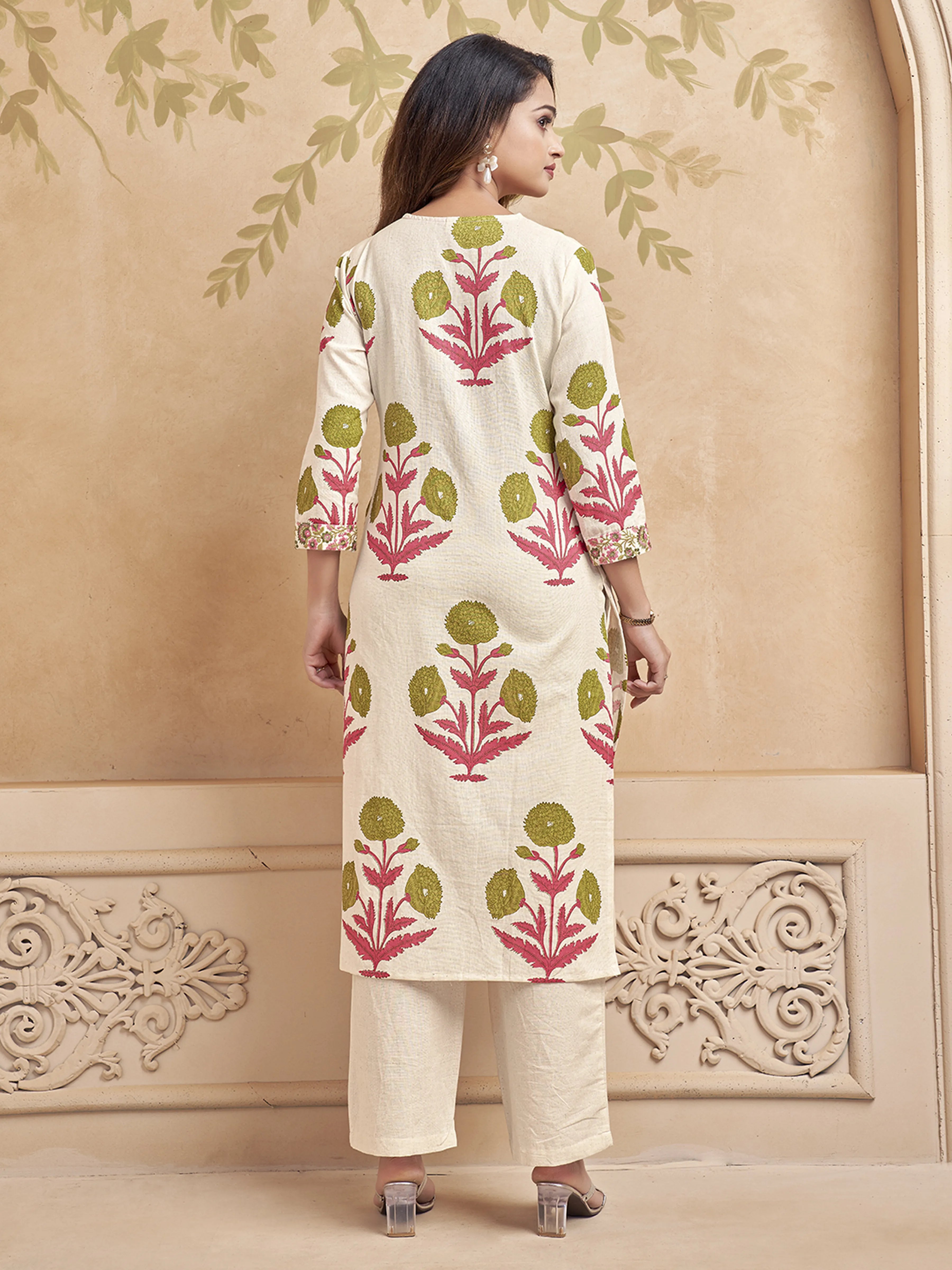 Natural Beige Block Printed Kurta Set in Cotton