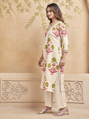Natural Beige Block Printed Kurta Set in Cotton