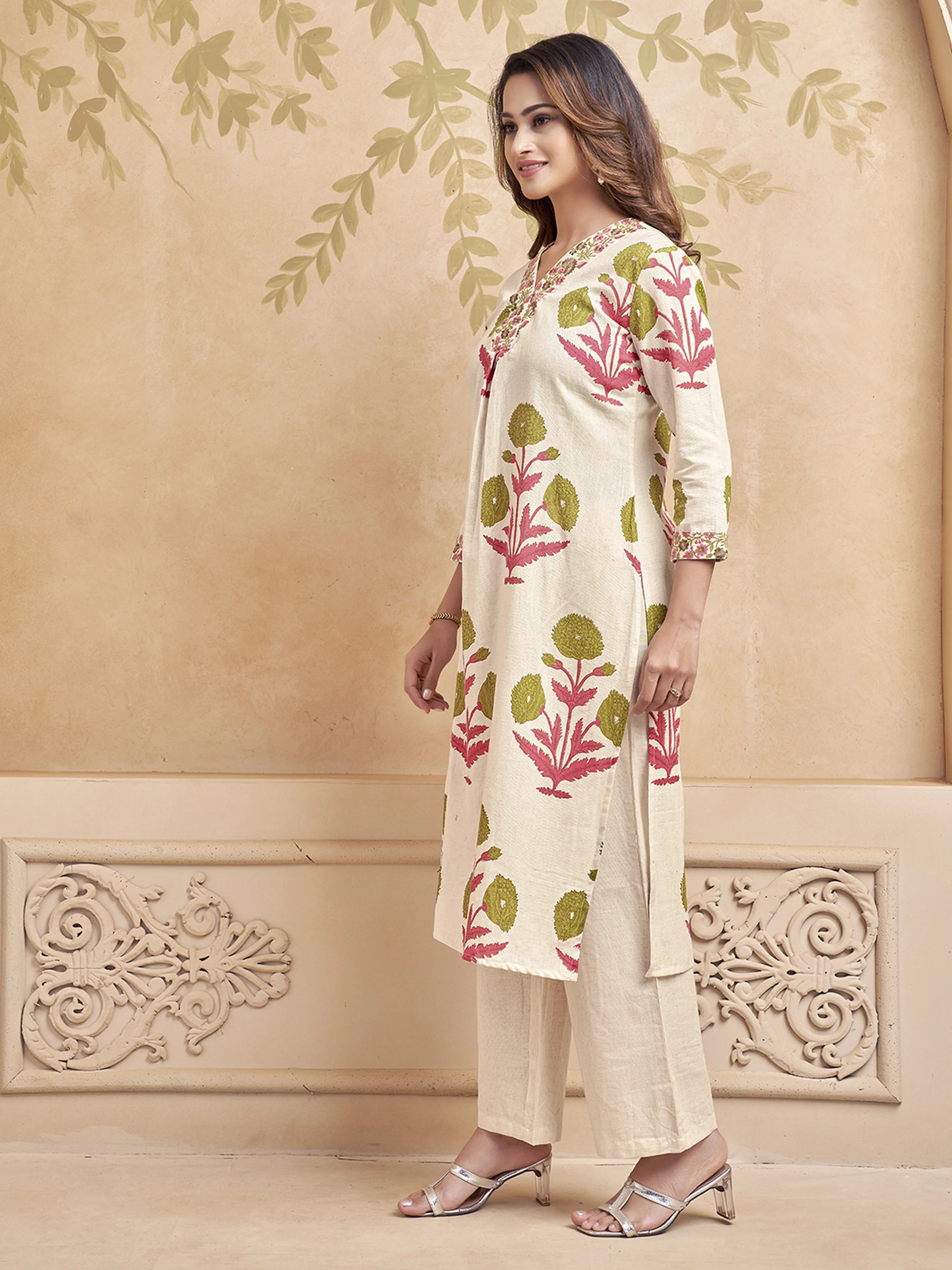 Natural Beige Block Printed Kurta Set in Cotton
