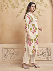 Natural Beige Block Printed Kurta Set in Cotton
