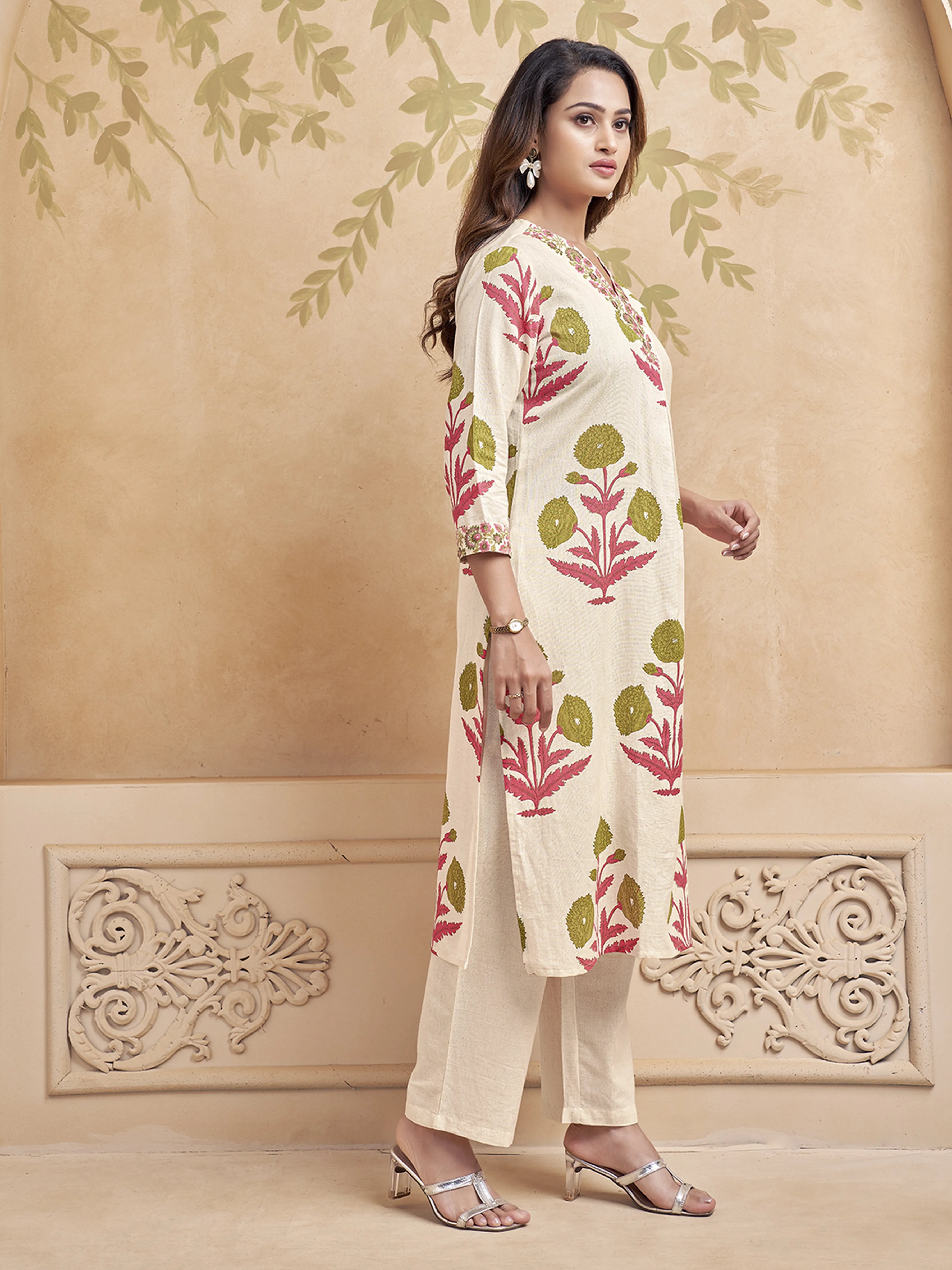 Natural Beige Block Printed Kurta Set in Cotton