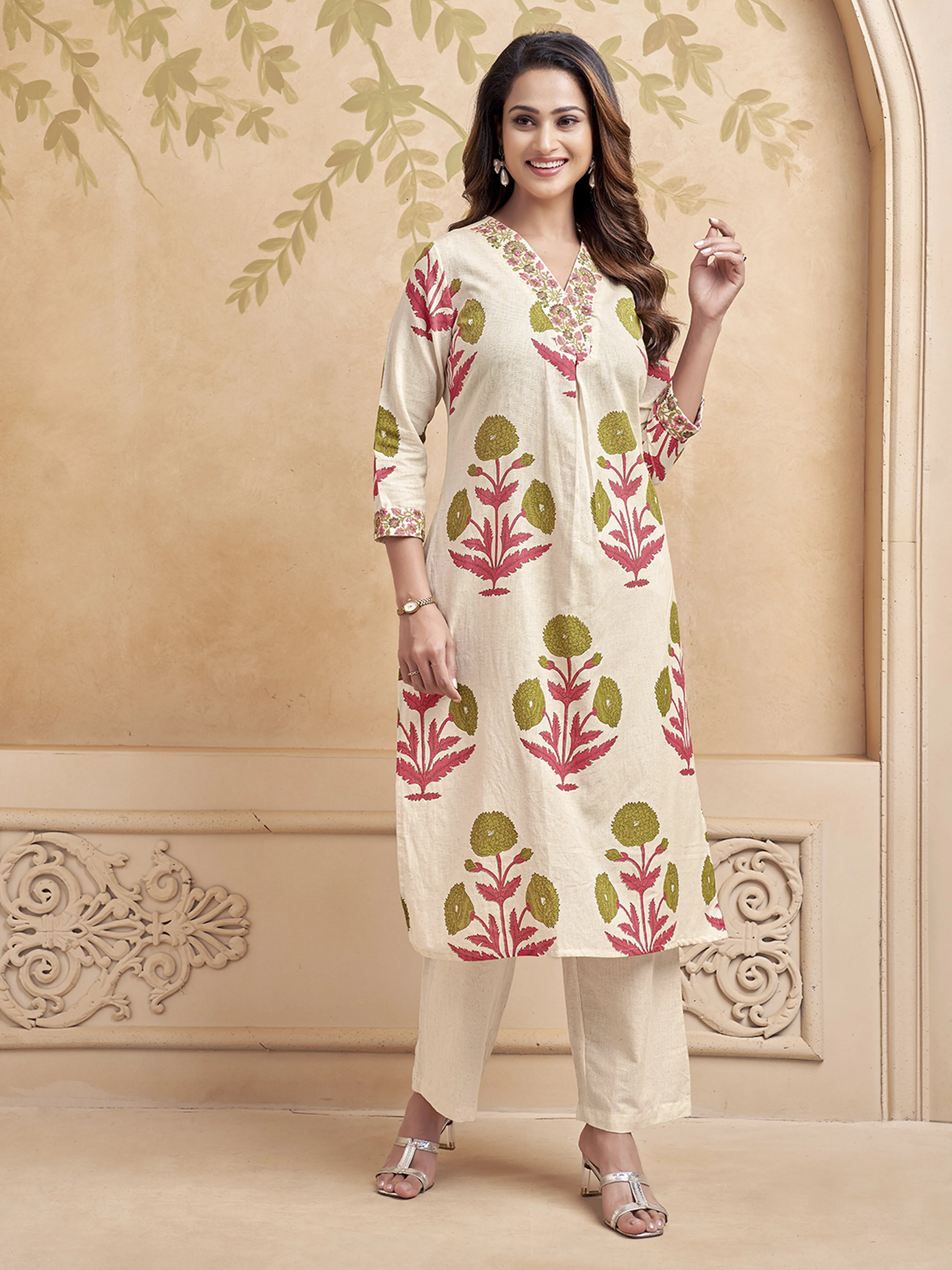 Natural Beige Block Printed Kurta Set in Cotton
