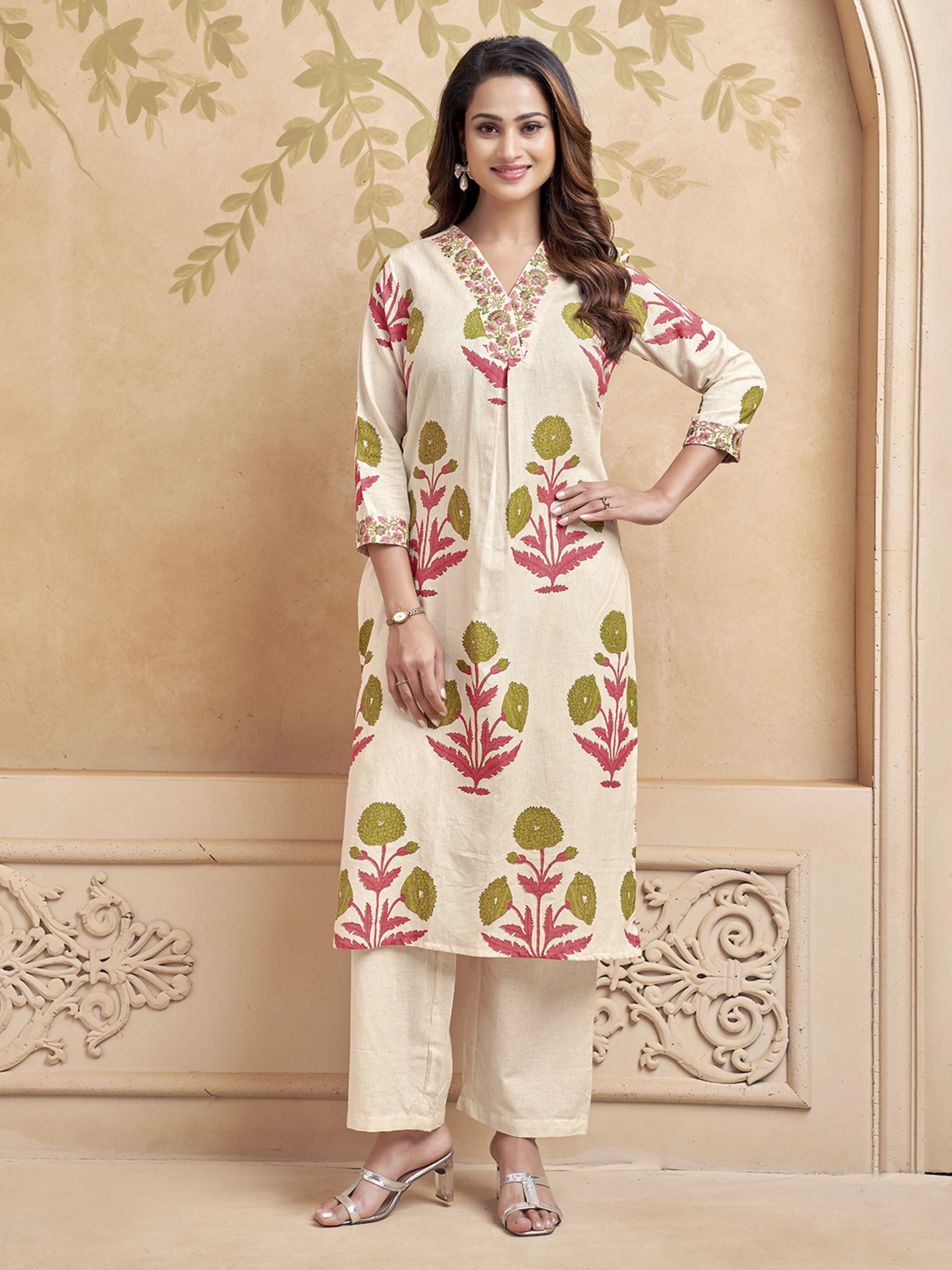 Natural Beige Block Printed Kurta Set in Cotton