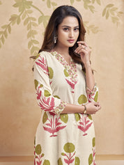 Natural Beige Block Printed Kurta Set in Cotton