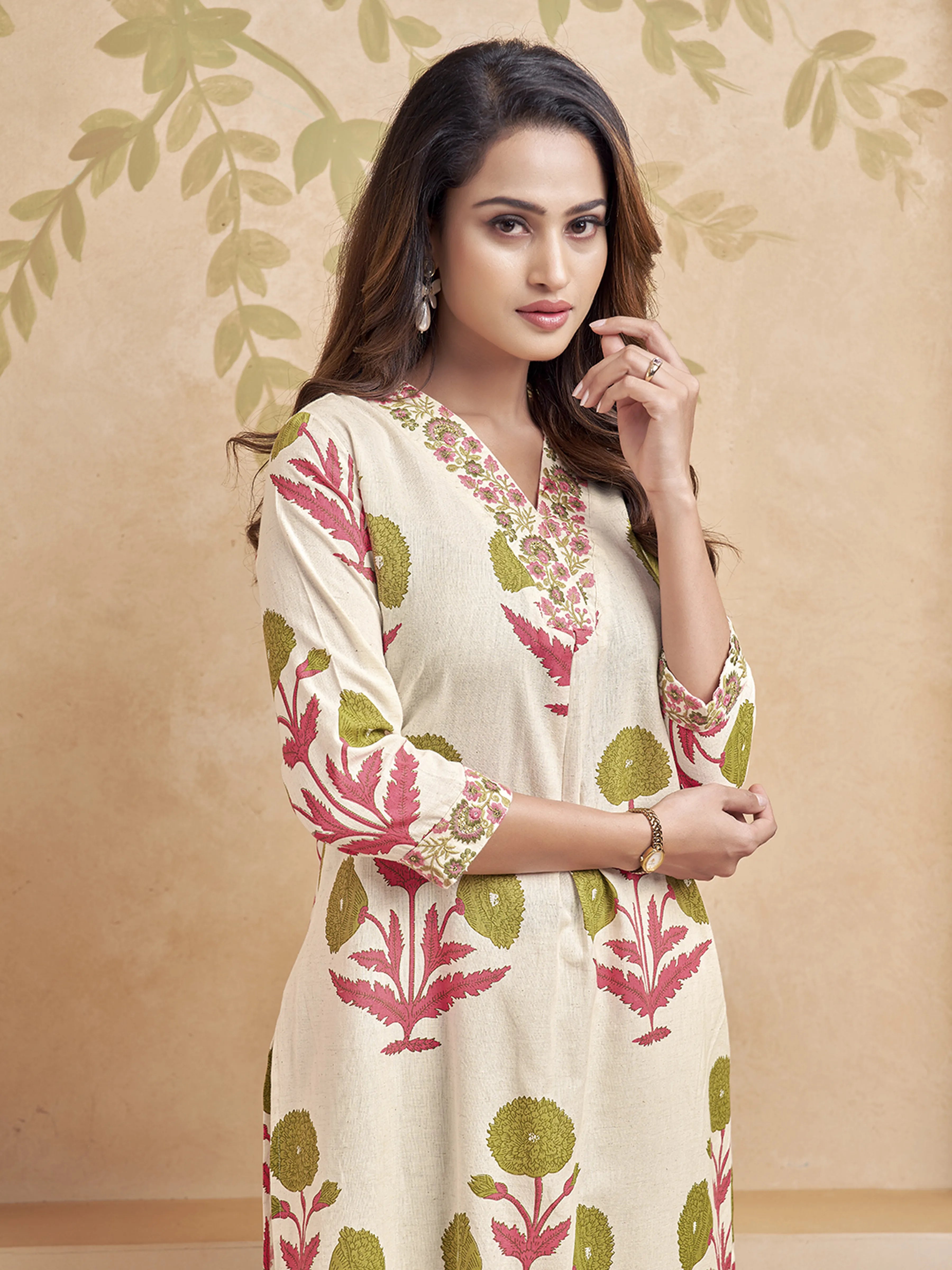 Natural Beige Block Printed Kurta Set in Cotton