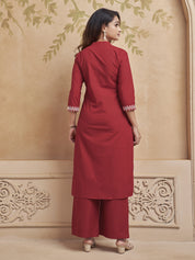 Red Embroidered Kurta Set in Cotton