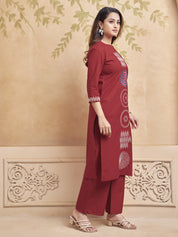 Red Embroidered Kurta Set in Cotton