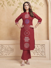 Red Embroidered Kurta Set in Cotton