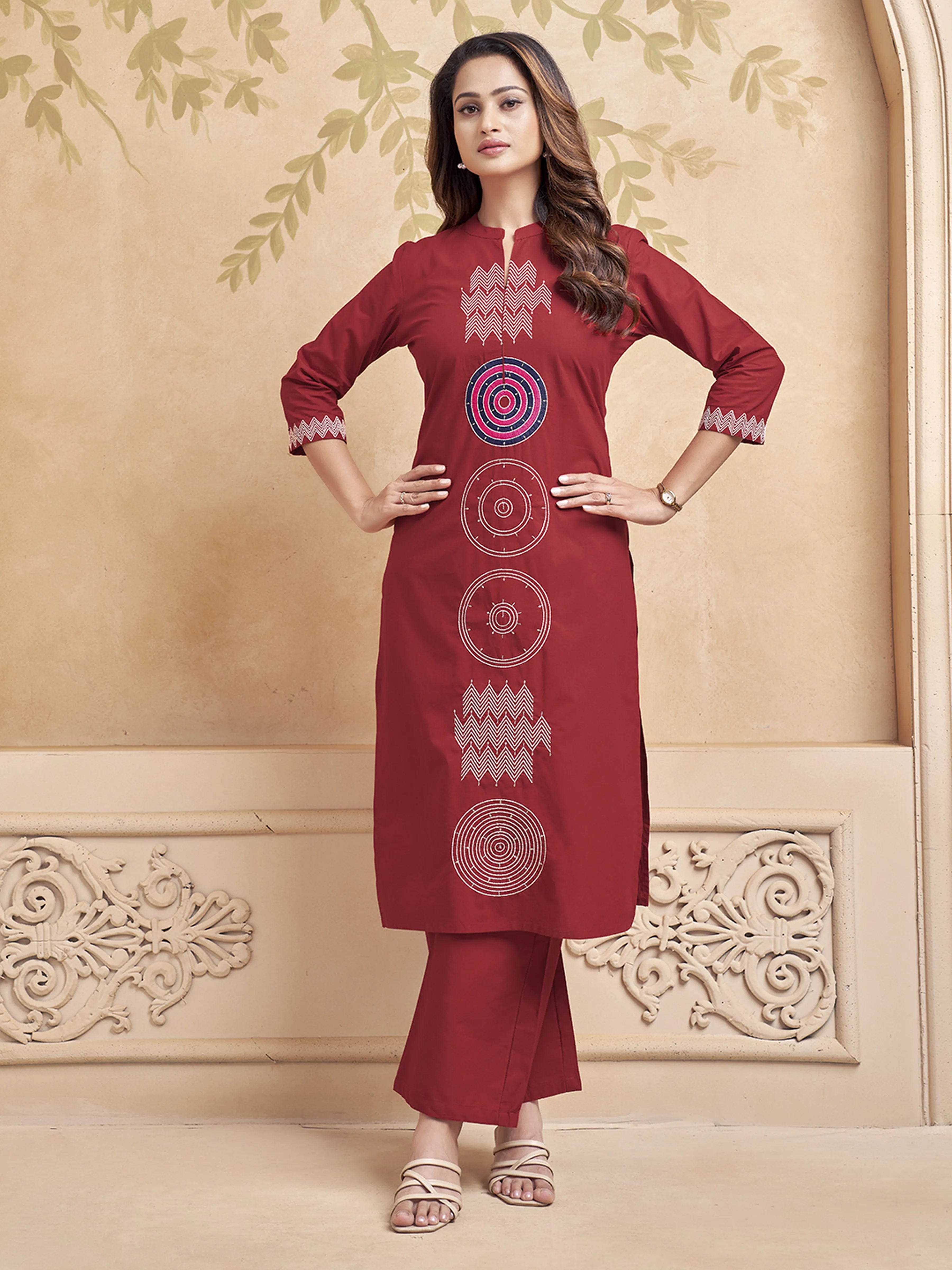 Red Embroidered Kurta Set in Cotton