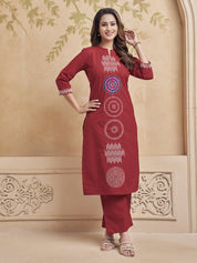 Red Embroidered Kurta Set in Cotton