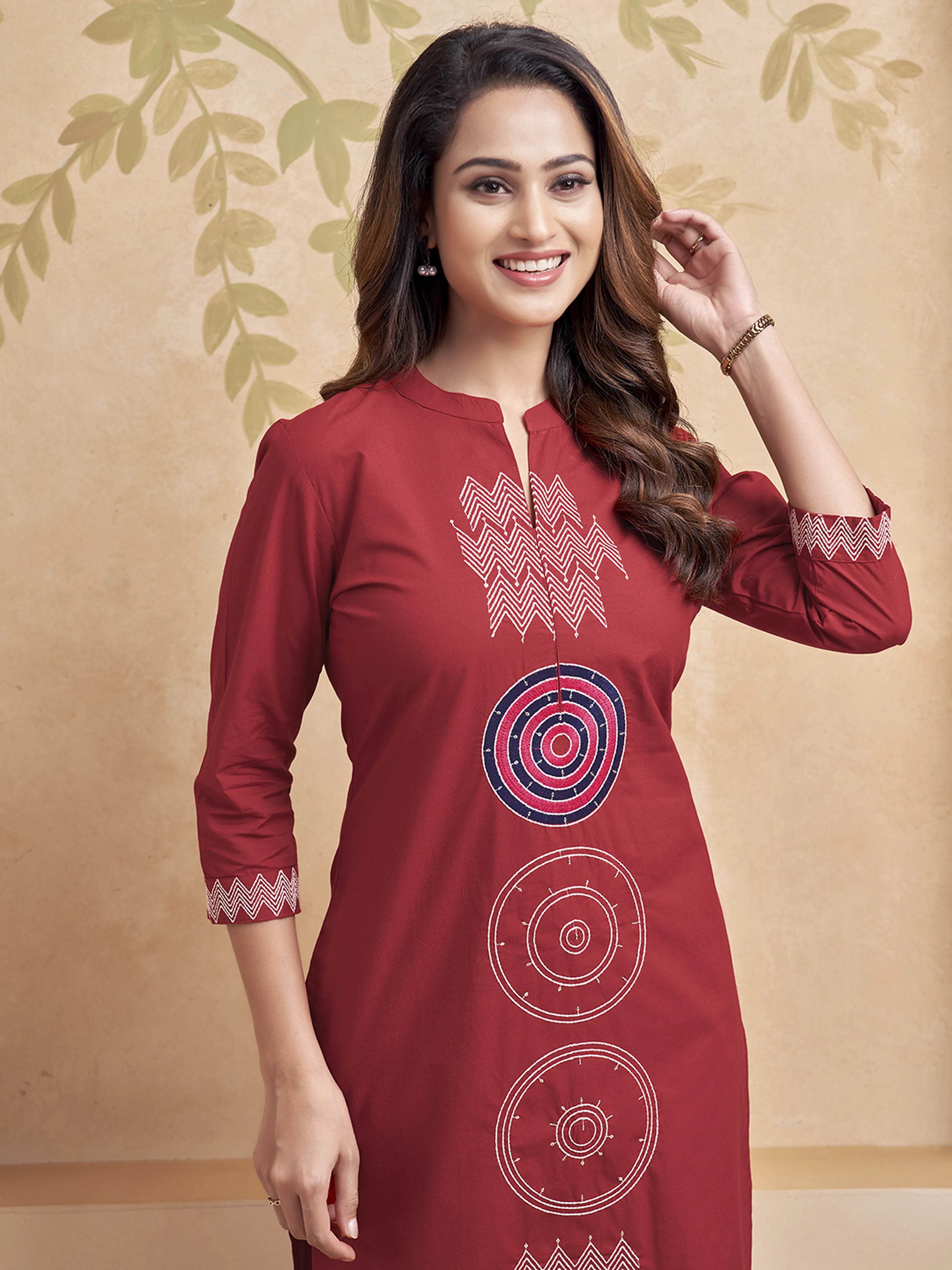 Red Embroidered Kurta Set in Cotton