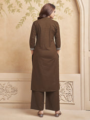 Brown Embroidered Kurta Set in Cotton