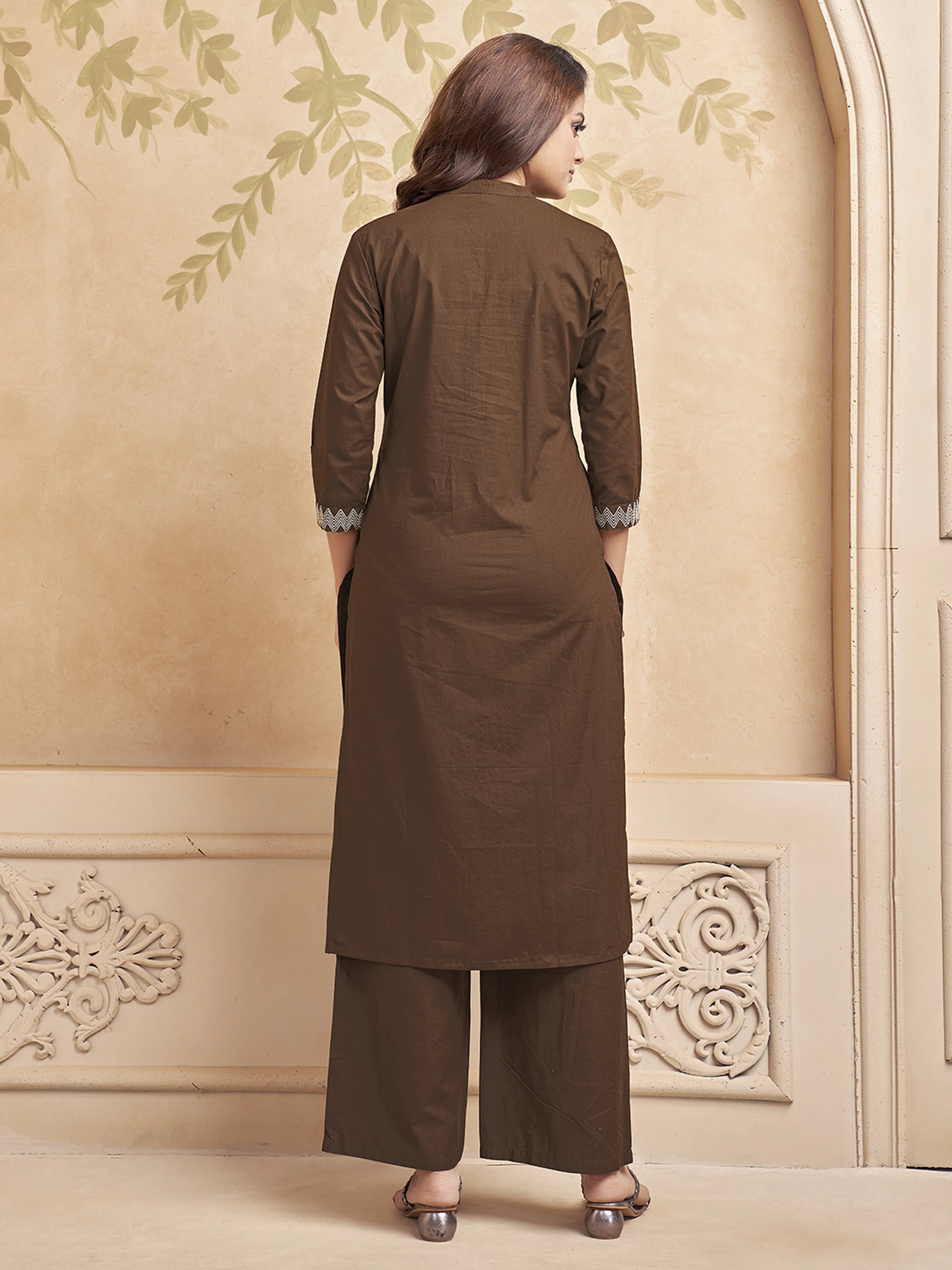 Brown Embroidered Kurta Set in Cotton