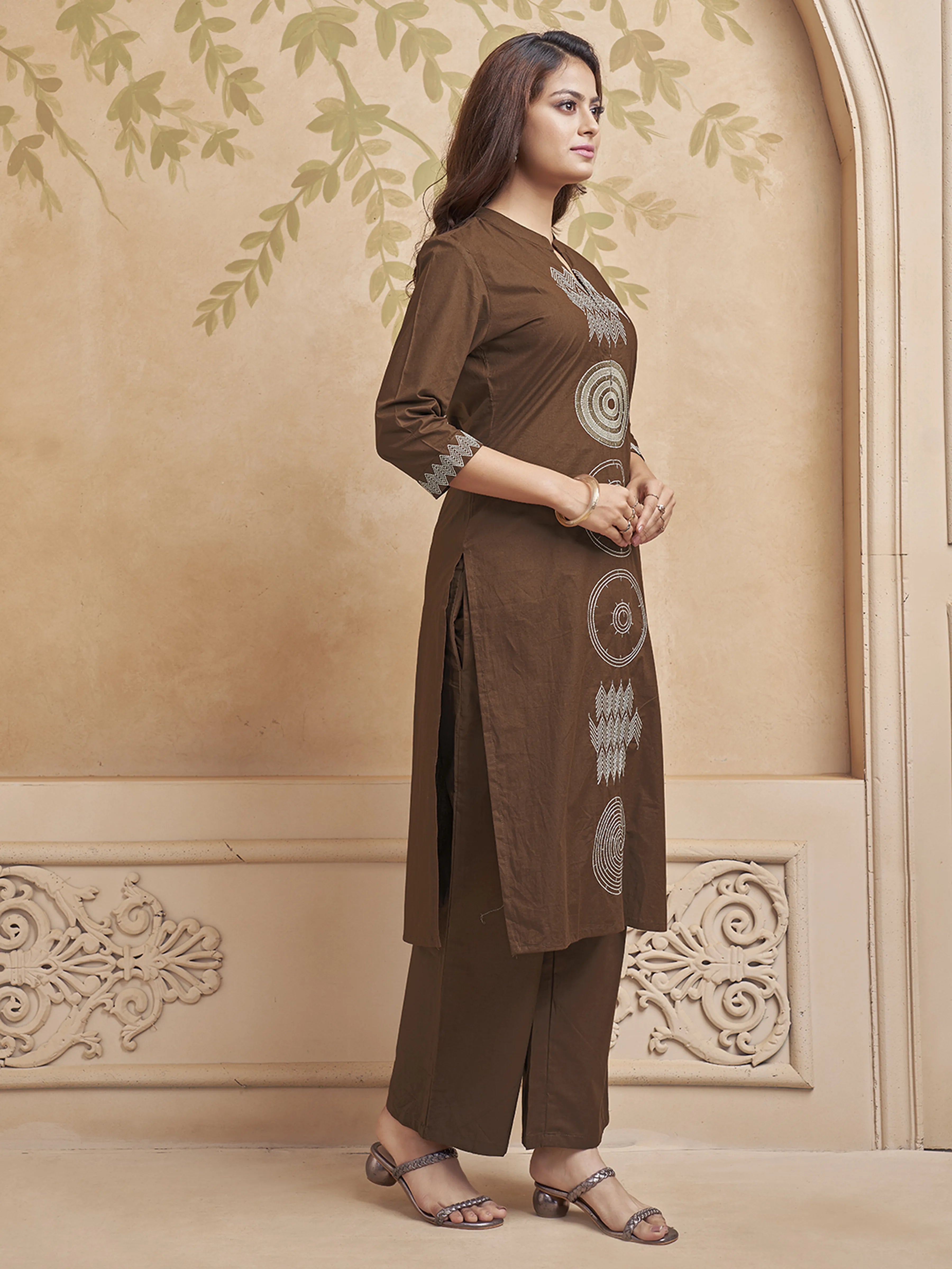 Brown Embroidered Kurta Set in Cotton