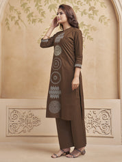 Brown Embroidered Kurta Set in Cotton