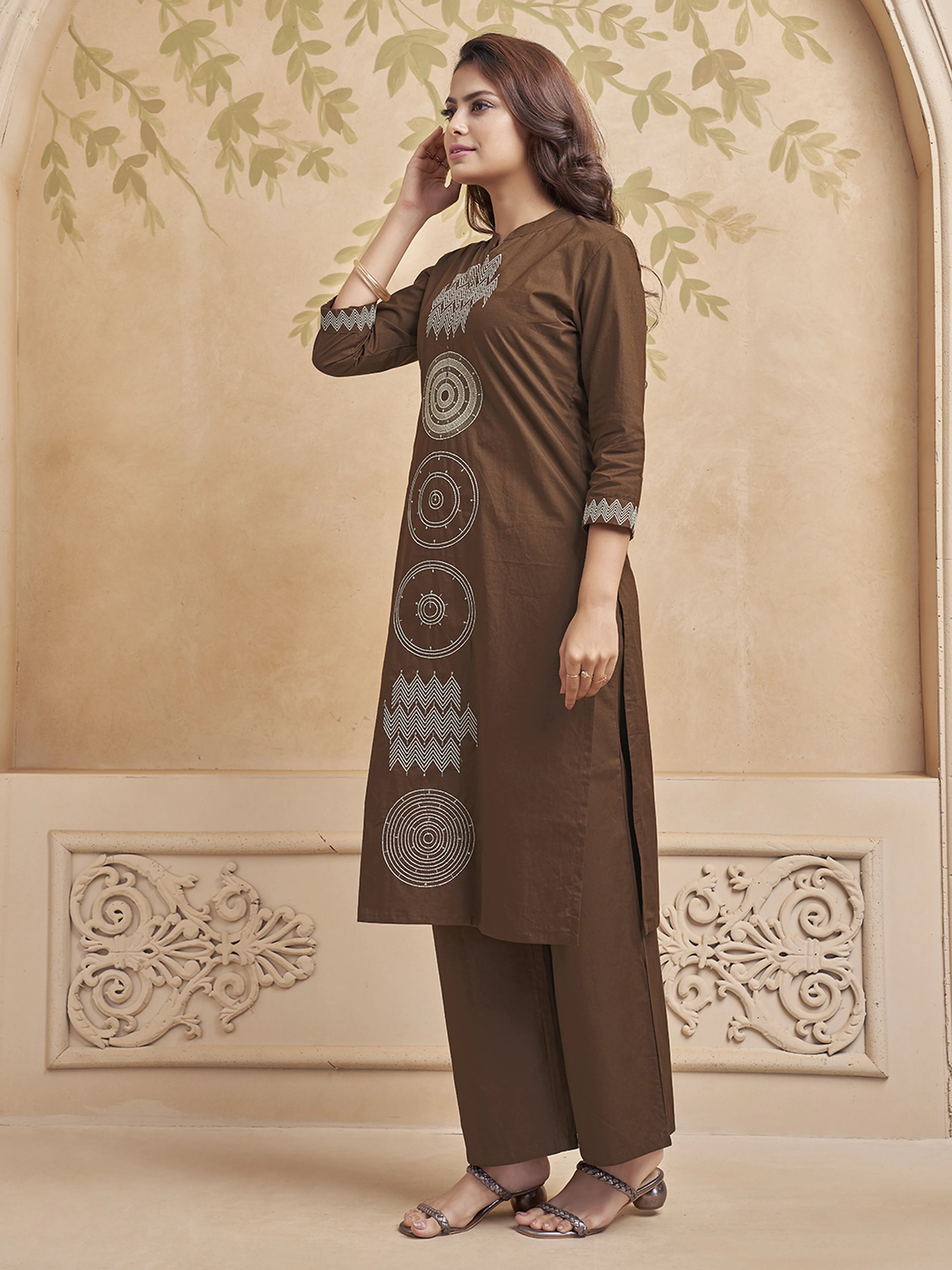 Brown Embroidered Kurta Set in Cotton