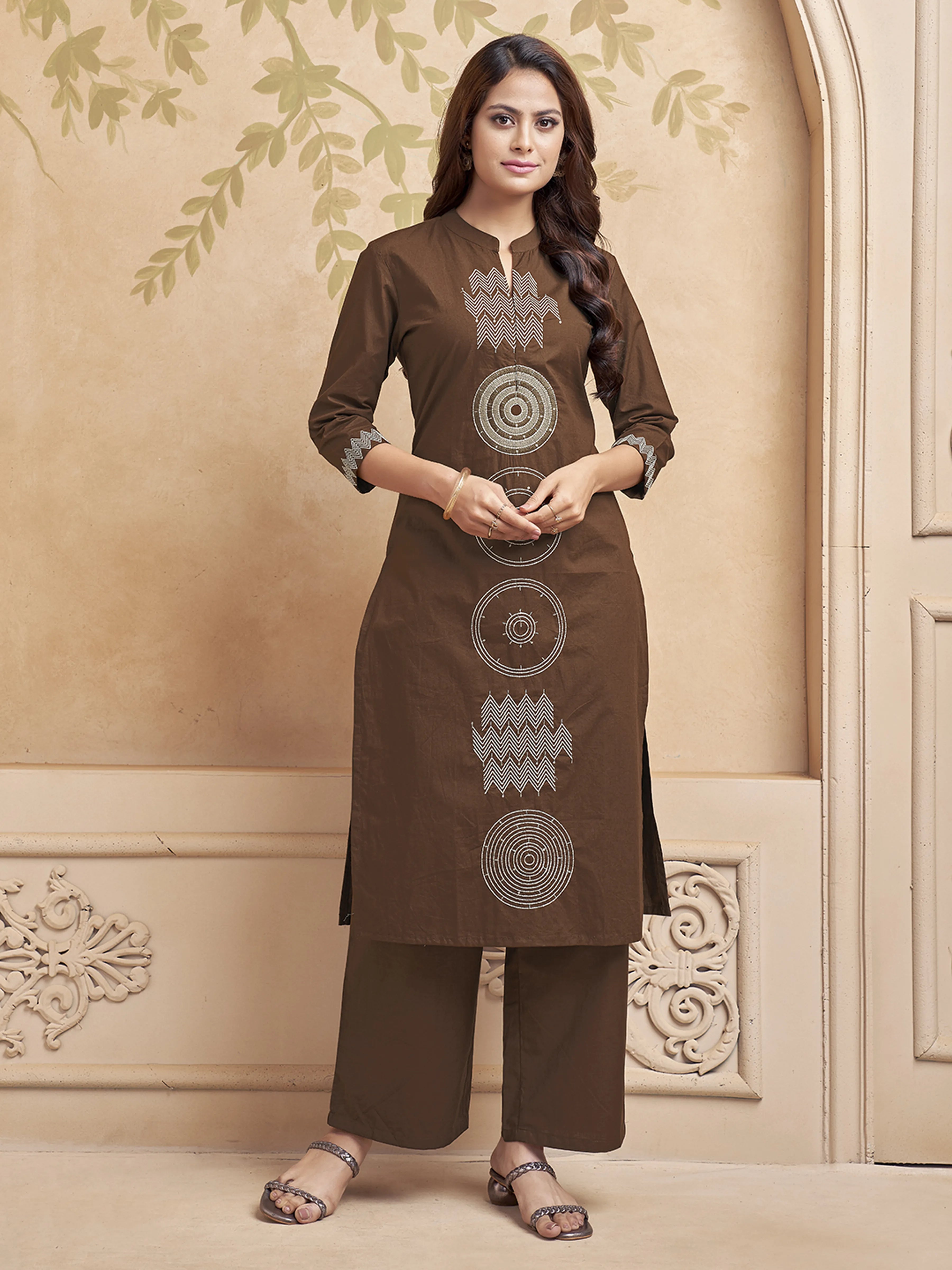 Brown Embroidered Kurta Set in Cotton