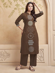 Brown Embroidered Kurta Set in Cotton