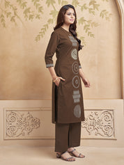 Brown Embroidered Kurta Set in Cotton