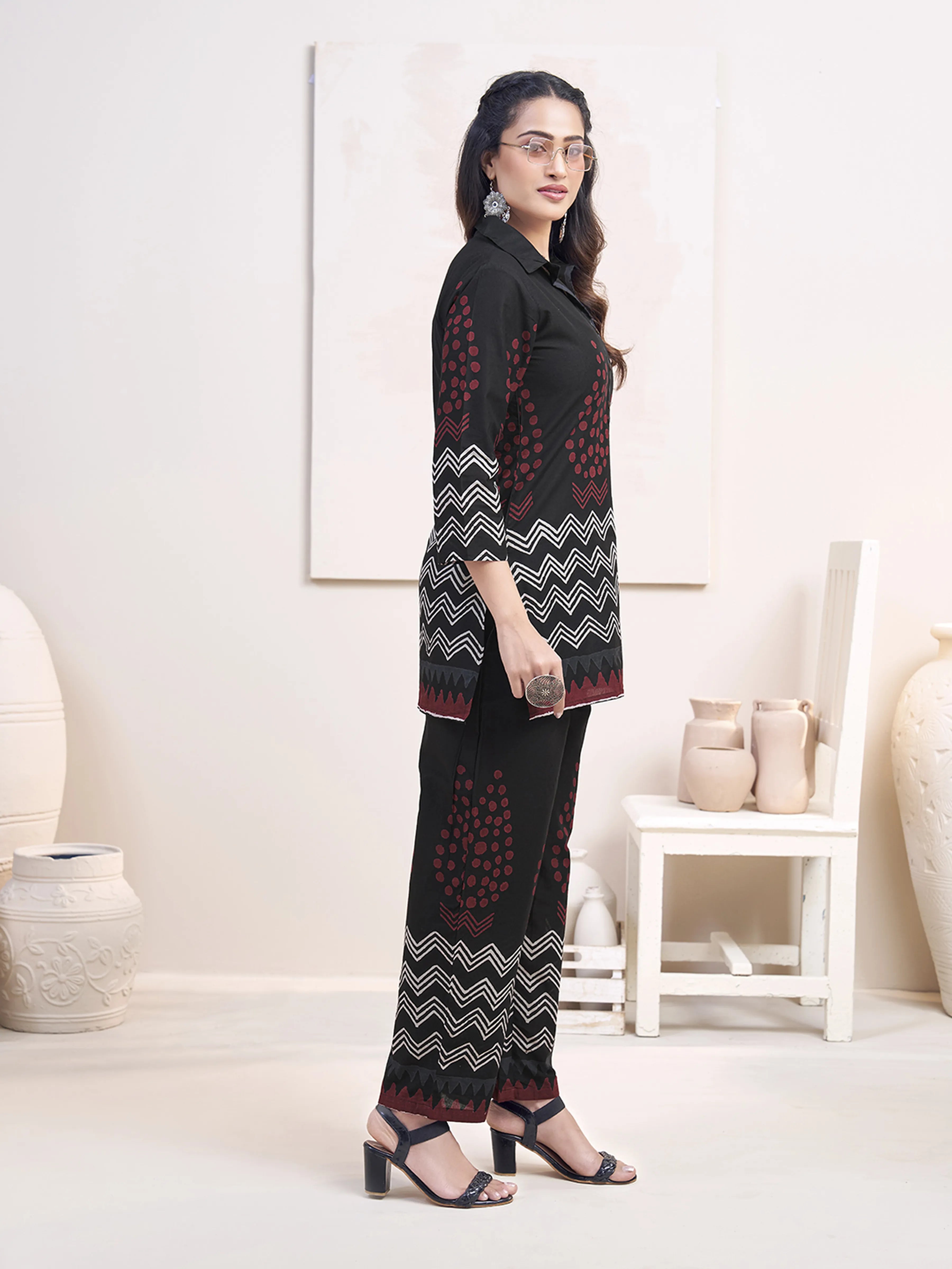 Black Zigzag & Red Dot Printed Co-ord Set in Cotton