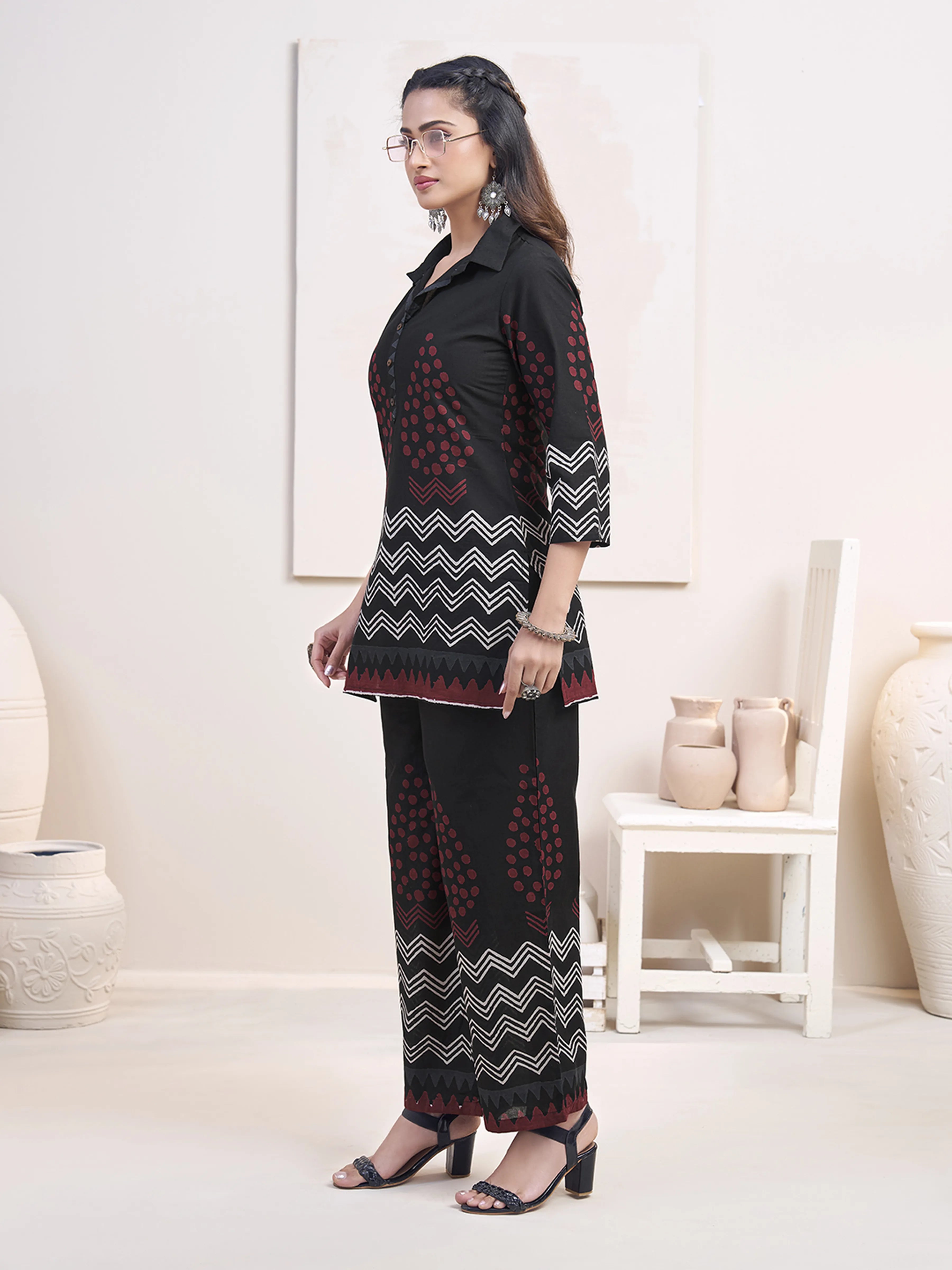 Black Zigzag & Red Dot Printed Co-ord Set in Cotton