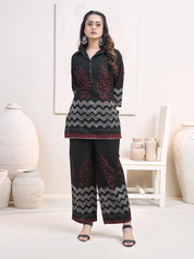 Black Zigzag & Red Dot Printed Co-ord Set in Cotton