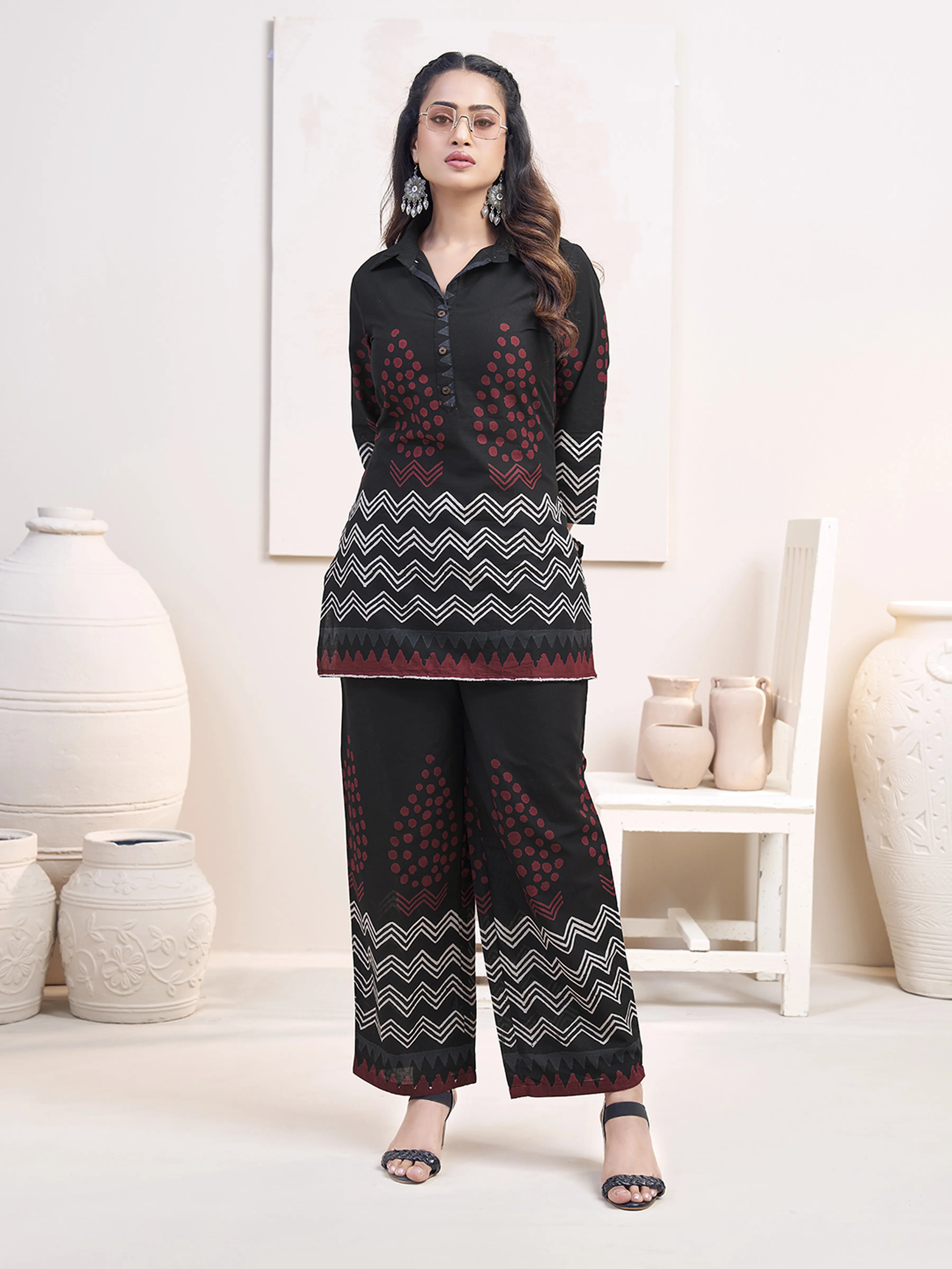 Black Zigzag & Red Dot Printed Co-ord Set in Cotton