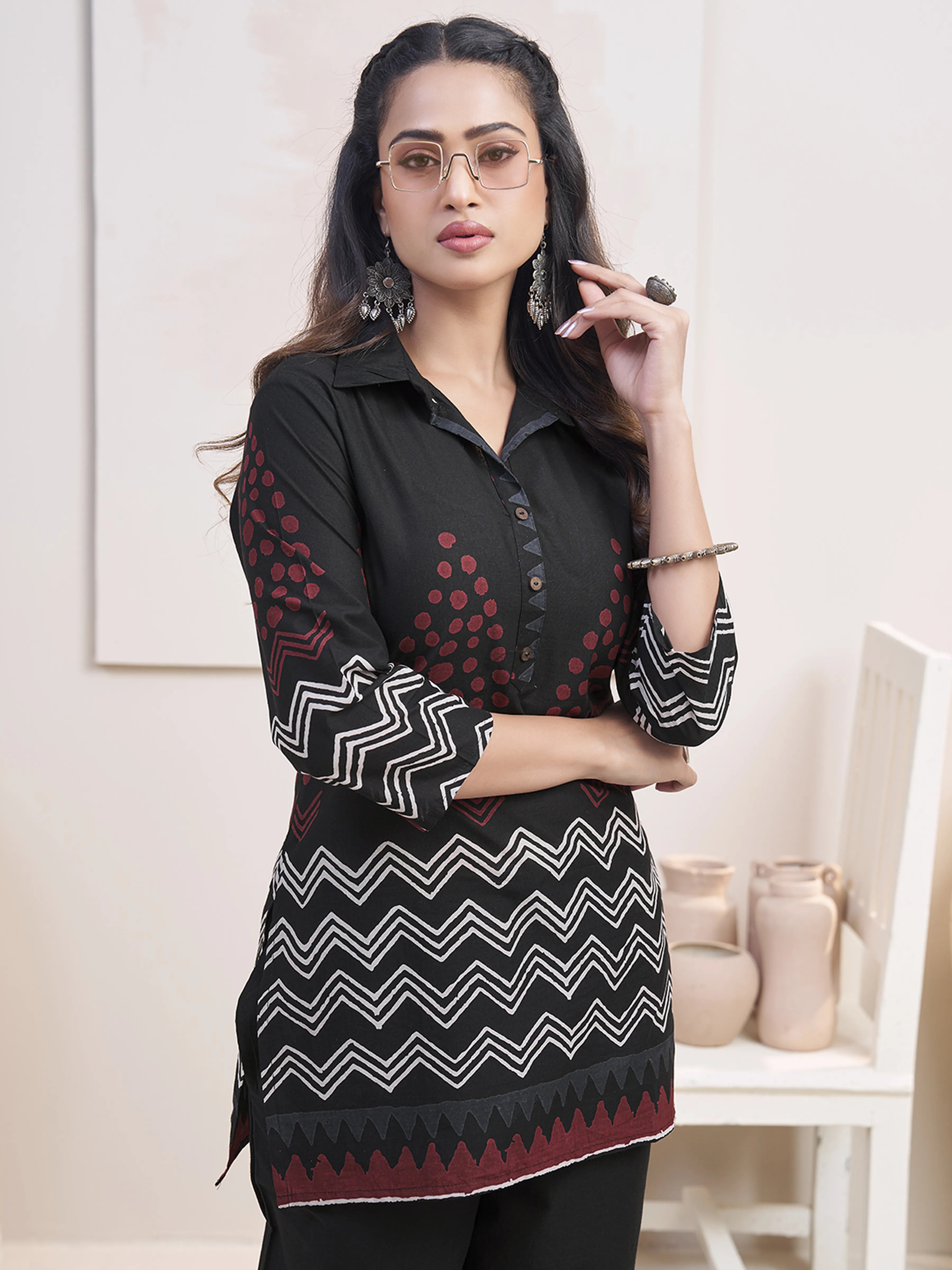 Black Zigzag & Red Dot Printed Co-ord Set in Cotton