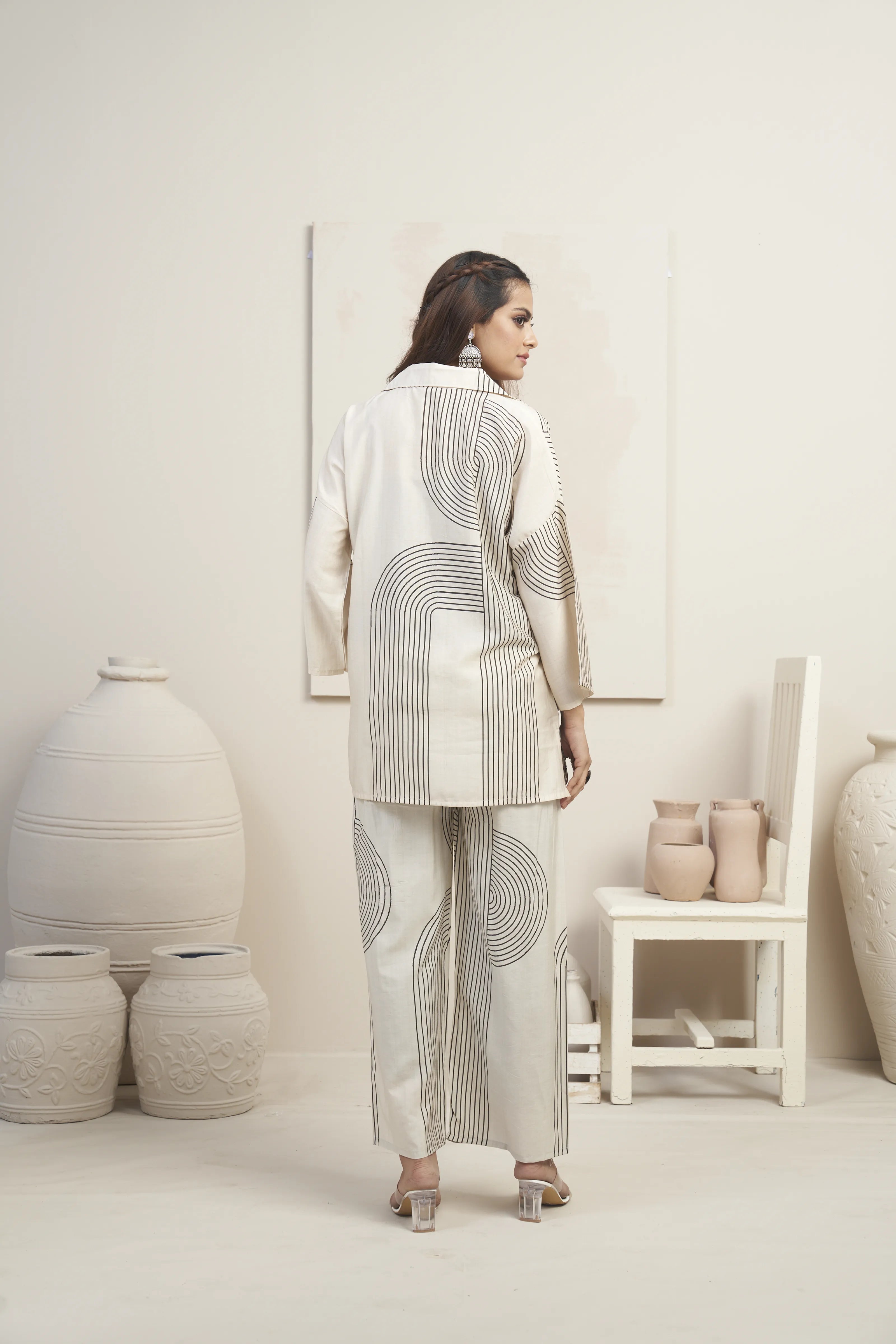 Beige Abstract Lady Motif Printed Co-ord Set in Viscose Muslin