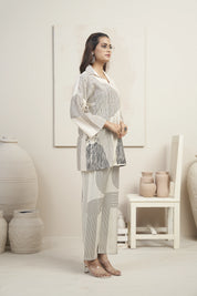 Beige Abstract Lady Motif Printed Co-ord Set in Viscose Muslin