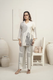 Beige Abstract Lady Motif Printed Co-ord Set in Viscose Muslin