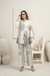 Beige Abstract Lady Motif Printed Co-ord Set in Viscose Muslin