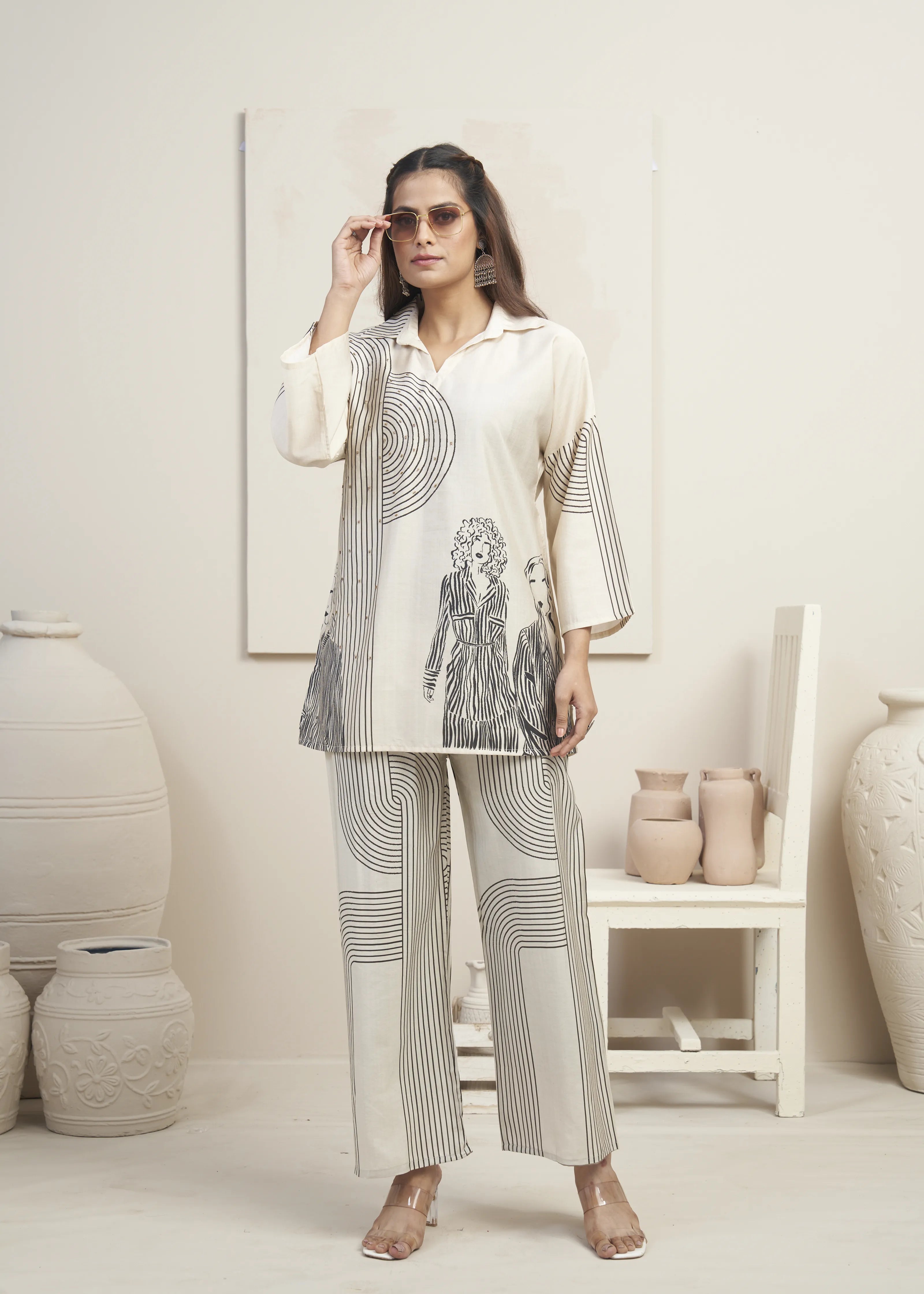 Beige Abstract Lady Motif Printed Co-ord Set in Viscose Muslin